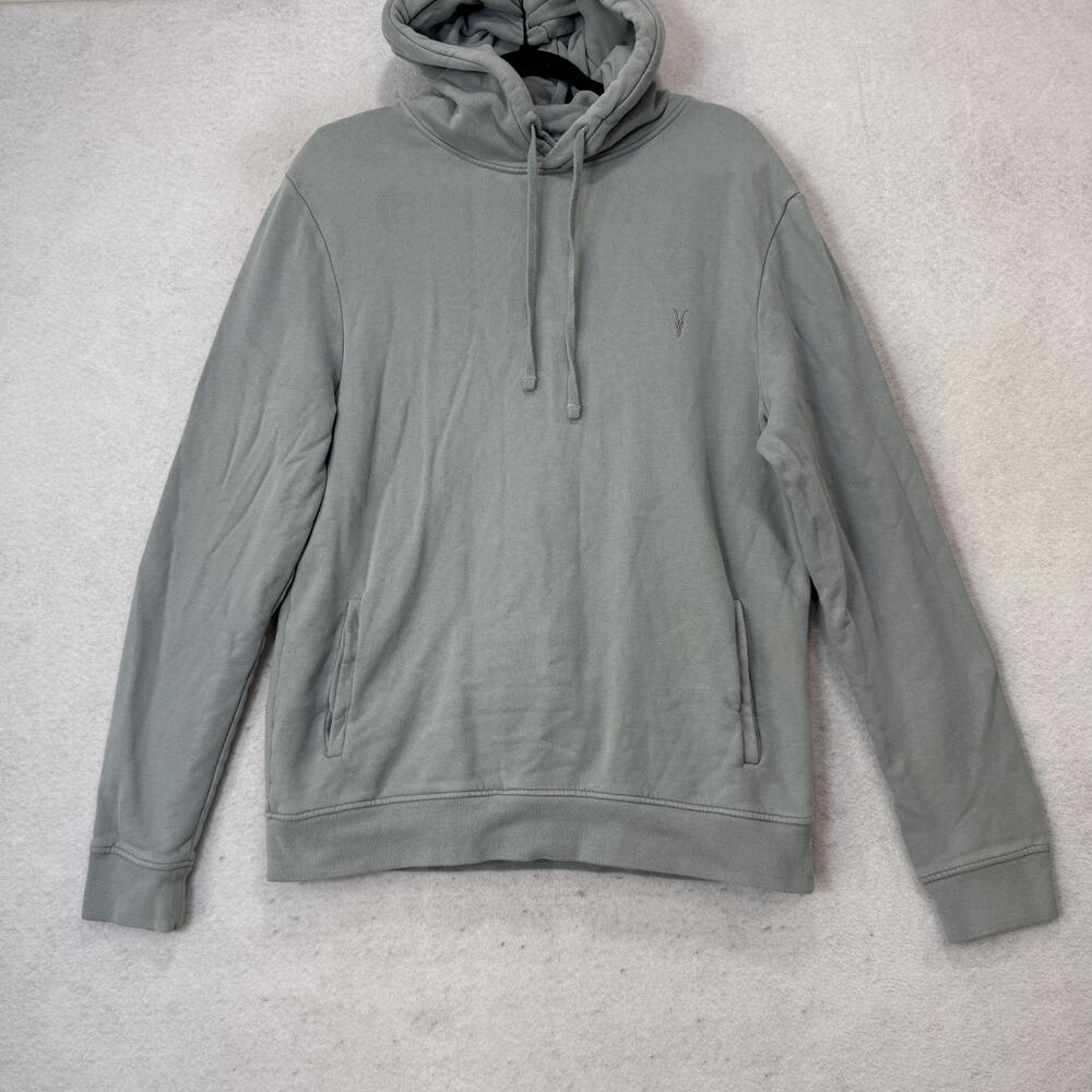 AllSaints Hoodie Mens Large Green Fleece Pullover Pockets Logo Embroidered